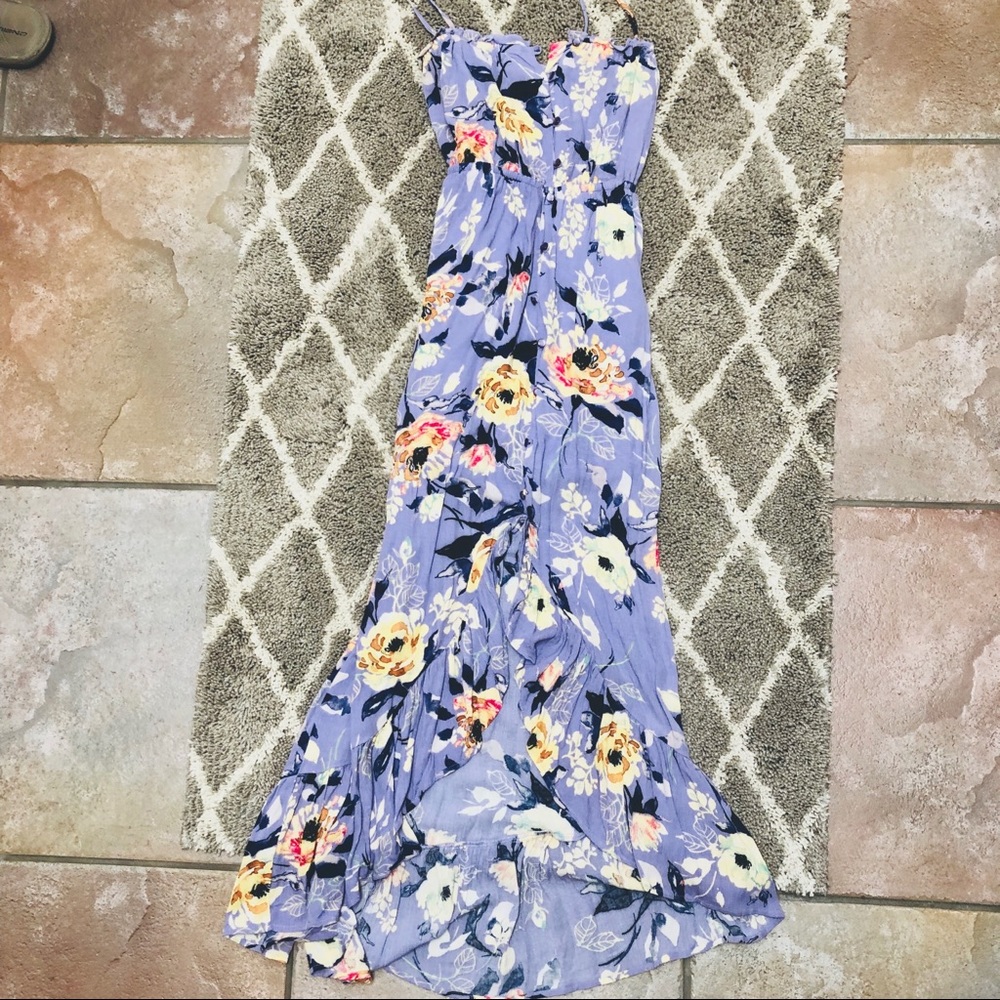 Front slit ruffle hem floral maxi dress